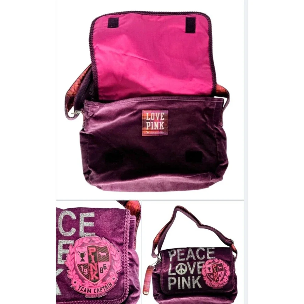 1x VICTORIA' SECRET Y2K PINK PEACE LOVE PINK MESSENGER BAG VELVET Crossbody NEW